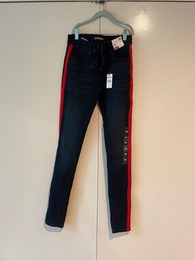 Express Navy Blue Skinny Jeans with Red Side Stripes